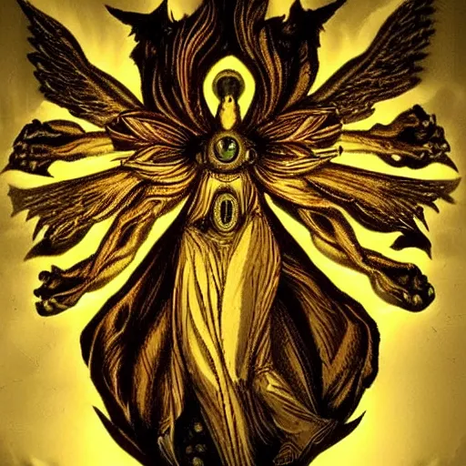 Prompt: giant imposing seraphim with many eyes and many wings, glowing, terrifying