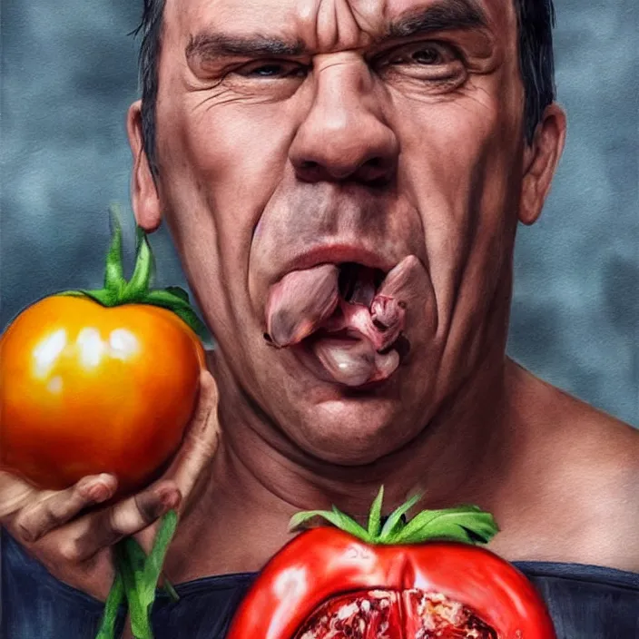 Image similar to portrait of till Lindemann. Caricature artwork. trending on artstation, very coherent symmetrical artwork. He's eating a tomato. He cosplays thanos. cinematic, hyper realism, high detail, newspaper illustration, iridescent accents