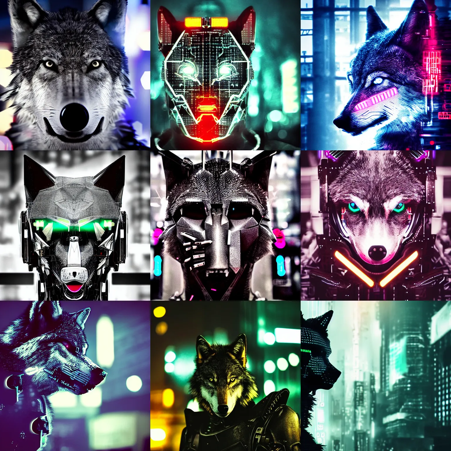 Prompt: portrait of half cybernetic wolf, half machine half animal, cyberpunk, robot wolf, mechanical parts, jewelry, editorial photography, neons, blade runner, futuristic style, realistic bokeh and depth of field, award winning, establishing shot