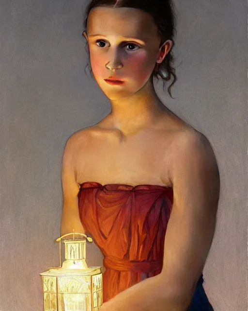 Image similar to a well - lit portrait painting of a shy, blushing 1 6 - year old alicia vikander or millie bobby brown in a leotard with lanterns at night, intricate, elegant, highly detailed, artstation, concept art, by krenz cushart and donato giancola and william adolph bouguereau and alphonse mucha