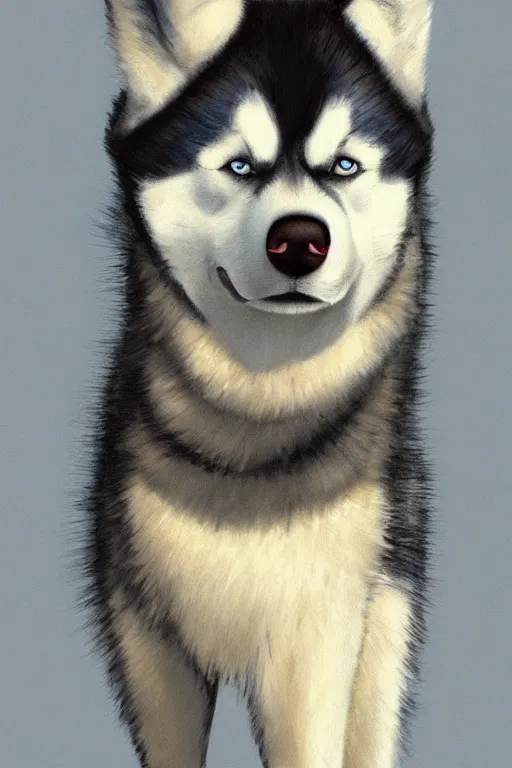 Image similar to a character design of a husky wearing a white vest, portrait painting, furry, humanoid, anthropomorphic, personify, anime