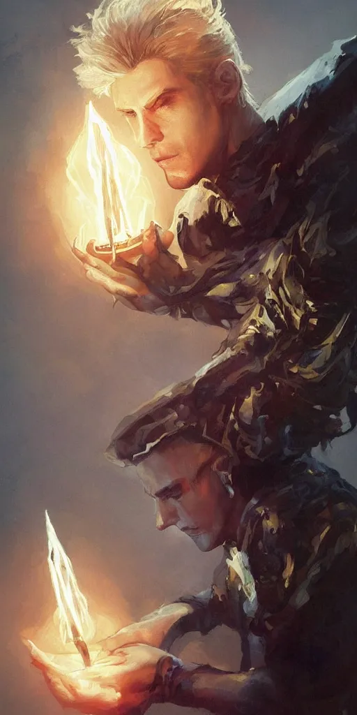 Prompt: 'a professional painting of a handsome young necromancer wizard casting an evil spell with a glowing spellbook, olive skin, buzzed short dark hair, beautiful bone structure, symmetrical facial features, intricate, elegant, digital painting, concept art, smooth, sharp focus, illustration, from Metal Gear, by Ruan Jia and Mandy Jurgens and Artgerm and William-Adolphe Bouguereau'