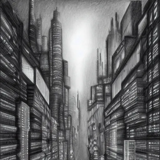 Image similar to a pencil drawing of a futuristic city