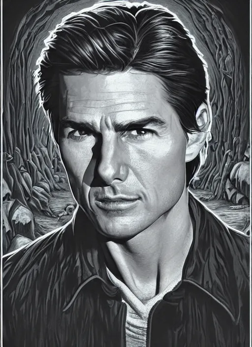 Prompt: portrait of tom cruise, an evil that passed over his eye, looking into a mysterious cave, twin peaks poster art, from scene from twin peaks, by michael whelan, artgerm, retro, nostalgic, old fashioned, 1 9 8 0 s teen horror novel cover, book