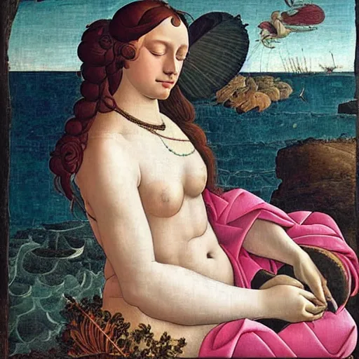 Image similar to an hyperrealistic mythological oil painting of venus with long brown hair, full body, wearing pink floral chiton, sleeping on a giant scallop shell, near the seashore, intricate lines, elegant, renaissance style, by sandro botticelli