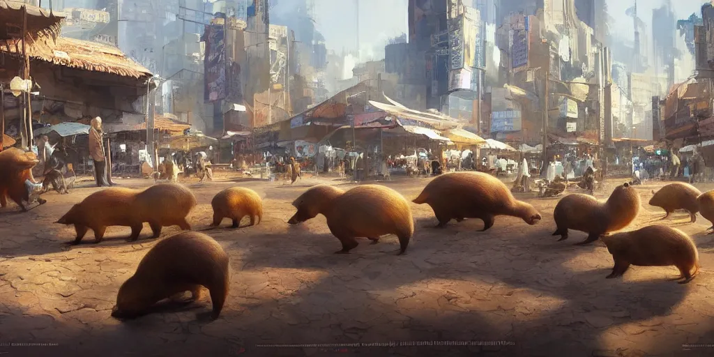 Prompt: The capybara market , artwork by Craig Mullins,Movie poster, detailed, trending on artstation