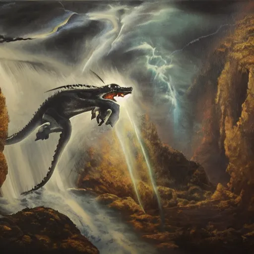 Image similar to oil painting of a dragon flying in the air near a cave with a waterfall in the center, light emanating from the waterfall leading to a big pool of water, dragon has black and white siberian tiger stripes, elegant, sharp focus, wide shot, clear, detailed, early renaissance