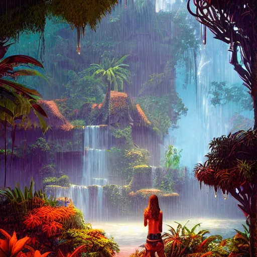 Image similar to aztec jungle village, ornate, beautiful, atmosphere, mist, vibe, smoke, beautiful, rain, reflection, pristine, puddles, waterfall, melting, dripping, wild look, mattepainting concept blizzard pixar maya engine splash comics global illumination lighting artstation, sharp focus, ilya kuvshinov, rossdraws