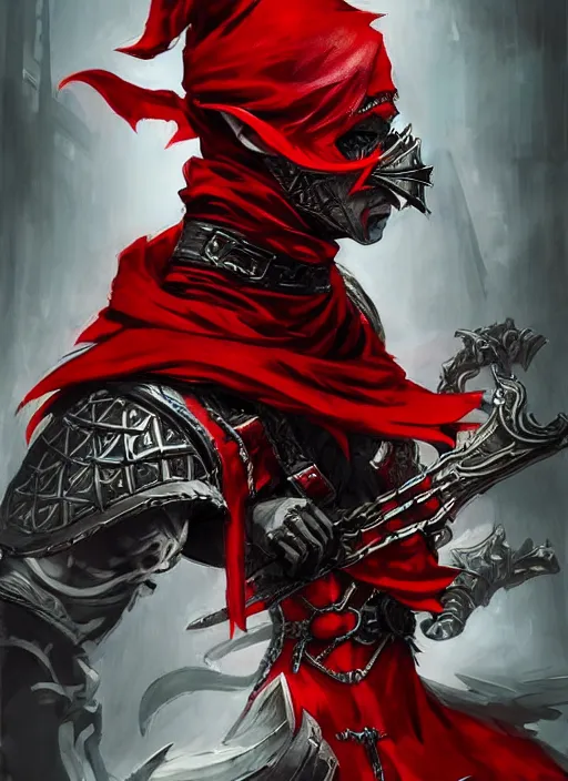 Prompt: Half body portrait of a menacing shinobi elf in scary red mask, ornate assassin attire. In style of Yoji Shinkawa and Hyung-tae Kim, trending on ArtStation, dark fantasy, great composition, concept art, highly detailed, dynamic pose.