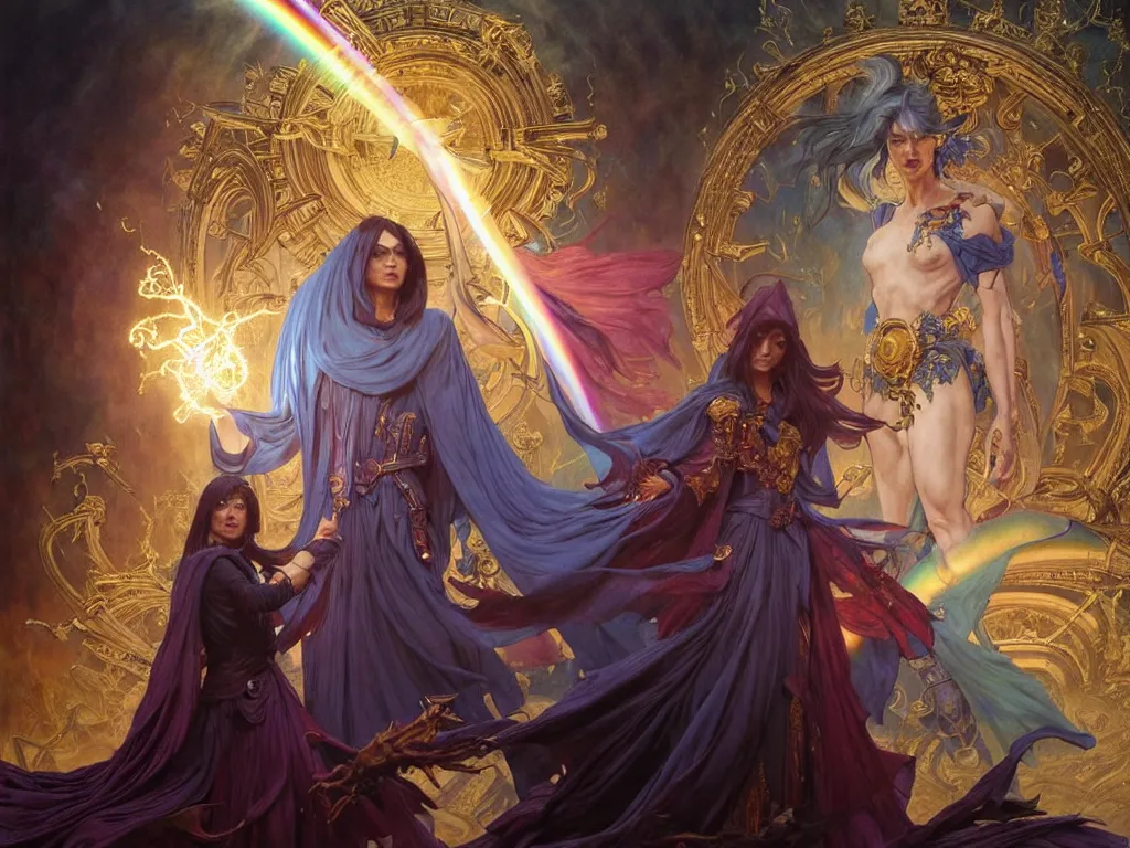 Image similar to painting of powerful stylish sorcerer and a cleric banishing the darkness and its abominations with a rainbow spell, ultra realistic, concept art, intricate details, eerie, highly detailed, photorealistic, octane render, 8 k, unreal engine. art by artgerm and greg rutkowski and magali villeneuve and alphonse mucha