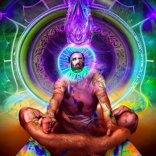 Image similar to magical shaman smoking DMT and meeting interdimensonal beings who share with him the akashic records hyperdetailed 4k very intriguing and mystical surrealism