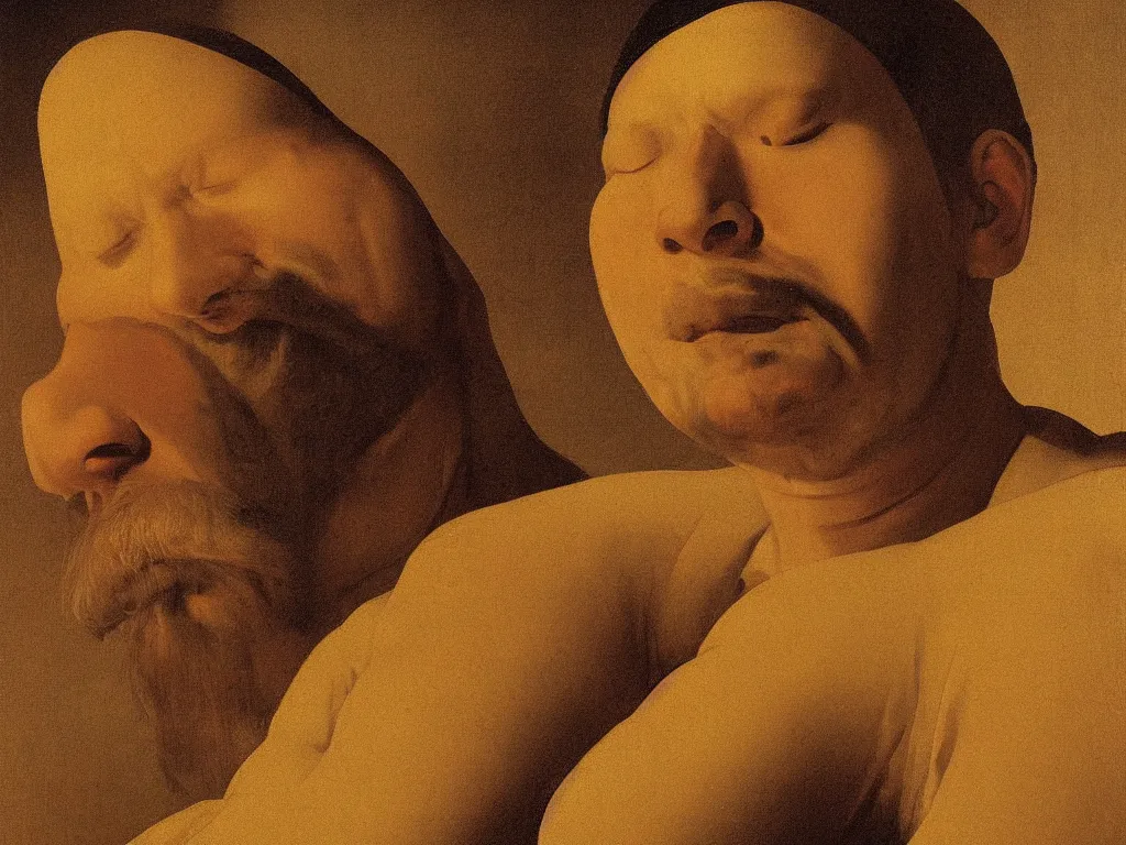 Image similar to close up portrait of a head of a man in zen meditation. painting by georges de la tour