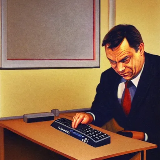 Image similar to viktor orban programming a commodore 6 4 in a cubicle, oil painting