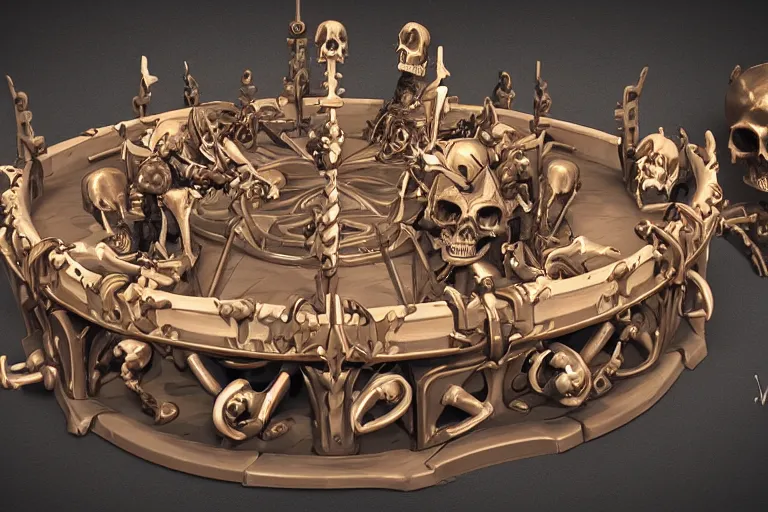 Prompt: 3d sculpt of an evil ironwork carousel made of bones and skulls, artstaton, League of Legends, overwatch, digital illustration