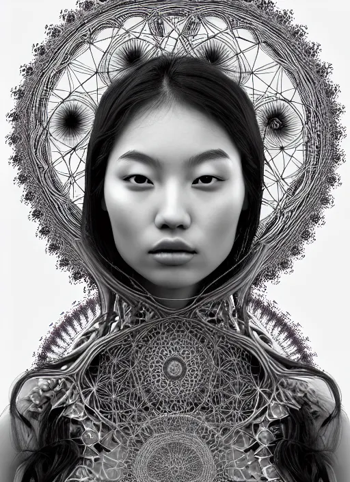 Prompt: ridiculously beautiful young asian woman thinking by irakli nadar, several layers of intricate sacred geometry, orgasm, cosmic, natural, awakening, symmetrical, in the style of ernst haeckel and alex grey, woven doily, warm, photo realistic, epic and cinematic