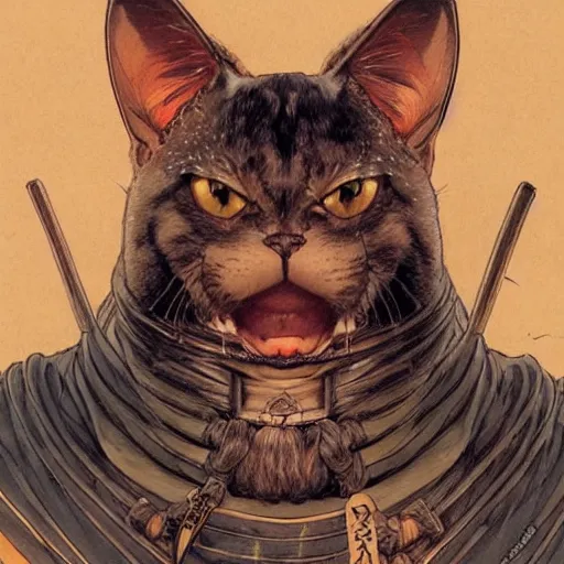 Image similar to a detailed portrait of a samurai cat by Jerome Opeña, featured on artstation