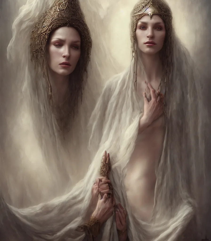 Prompt: portrait of beautiful woman | full medium shot | front close - up | head on | dressed in long rags, mystical godess, ethereal, biblically accurate goddess, fractal, ornaments of white gold in your clothes, evil, artistically realistic, octane render, fine art, intrincate. by peter mohrbacher, marc simonetti and anna podedworna