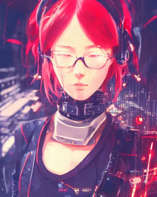 Image similar to kyoto animation, cool girl wearing cyberpunk intricate jumpsuit, respirator, detailed portrait, cell shaded, 4 k, concept art, by wlop, ilya kuvshinov, artgerm, krenz cushart, greg rutkowski, pixiv. cinematic dramatic atmosphere, sharp focus, volumetric lighting, cinematic lighting, studio quality