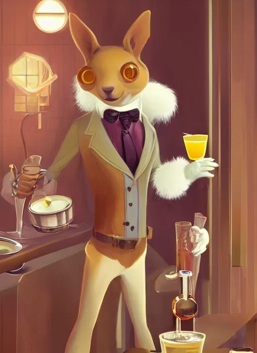 Image similar to squirrel anthro as a dapper bartender with a big, fluffy tail, retro futurism, art deco, detailed, painterly digital art by WLOP and Cory Loftis and Kenne Gregoire, 🐿🍸🍋, furaffinity, trending on artstation