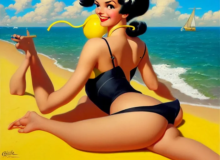 Image similar to the style of the artist gil elvgren, a girl with black hair, overwatch tracer, with a very beautiful symmetrical face, a smile on her face, tanned skin, in a yellow bikini, against the background of a sea beach, in art style, high detail, digital painting, hyperrealism