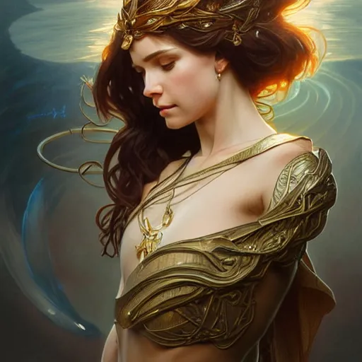 Image similar to portrait of a goddess of elemental lightning, half body, perfect face, d & d, fantasy, intricate, elegant, highly detailed, digital painting, artstation, concept art, smooth, sharp focus, illustration, art by artgerm and greg rutkowski and alphonse mucha