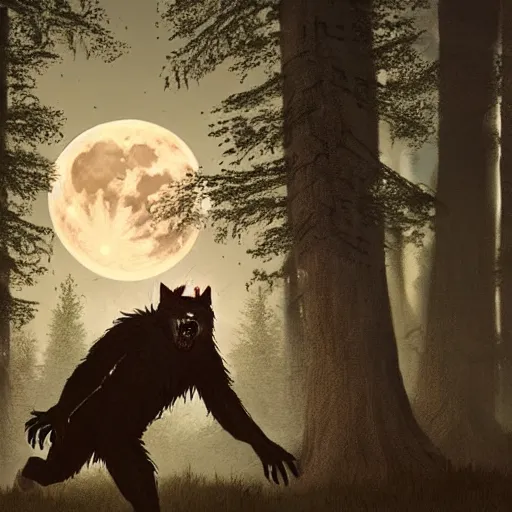 Image similar to man ripping off his skin turning into a werewolf, forest scenery, full moon, illuminated lighting, highly detailed, 4 k