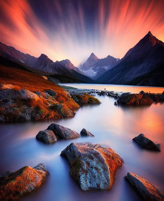 Prompt: amazing landscape photo of mountains with lakehouse at dusk by marc adamus, beautiful dramatic lighting, celestial nightsky stars