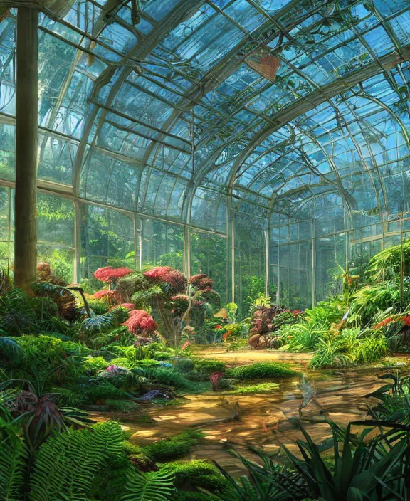 Image similar to an enormous conservatory greenhouse, overgrown with exotic fungus, overgrown with huge ferns, noon, sun drenched, partly cloudy, by dan mumford, yusuke murata, makoto shinkai, ross tran, cinematic, unreal engine, cel shaded, featured on artstation, pixiv