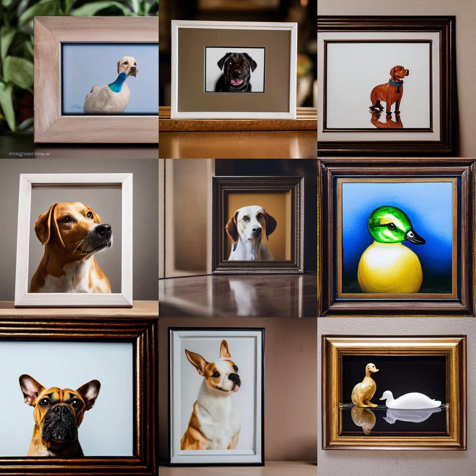 Prompt: a close up photo of a framed painting of a dog, a clear glass duck on a table, professional photography, sigma 8 5 mm f / 8