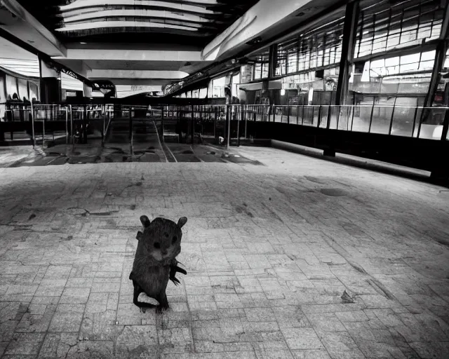 Prompt: camera footage of a giant Android Rat in an abandoned shopping mall, high exposure, dark, monochrome, camera, grainy, CCTV, security camera footage, timestamp, zoomed in, fish-eye lense, Rat,