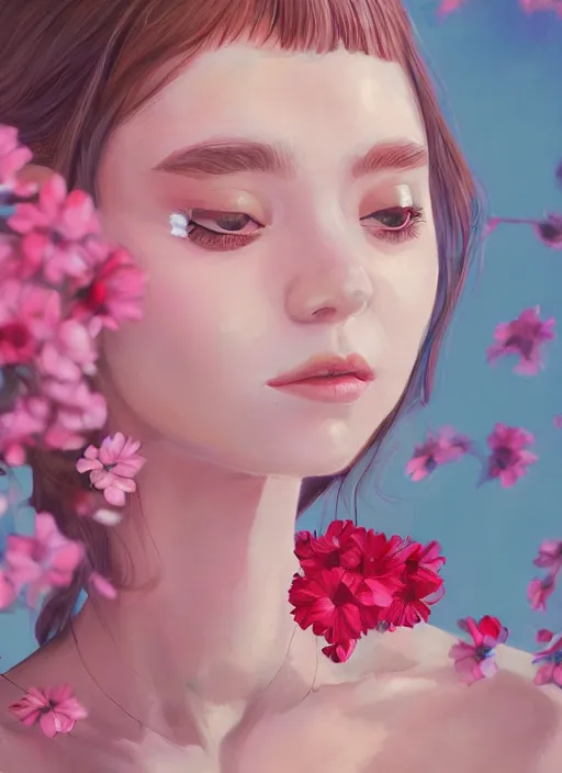 Image similar to still from music video, beautiful women blindfold, flowers, street clothes, full figure portrait painting by martine johanna, ilya kuvshinov, rossdraws, pastel color palette, 2 4 mm lens