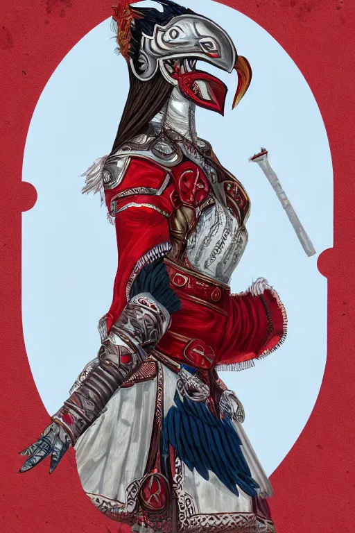 Image similar to female adventurer in tight full - body white embroidered leather armor of vyshyvanka design with red accents and a red porcelain crow mask, trending in artstation, ukrainian, establishing shot