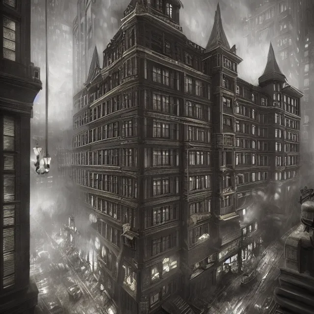 Image similar to action scene painting of a 1 9 2 0 s gothic style hotel in downtown boston, overlooking a dark street, architectural, atmospheric lighting, brooding, painted, intricate, ultra detailed, well composed, best on artstation, cgsociety, epic, stunning, gorgeous, intricate detail, much wow, masterpiece, cinematic aesthetic octane render, 8 k hd resolution,