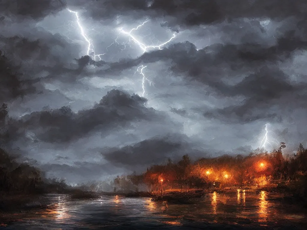 Prompt: a dark storm closes in over a river, lightning and rain, digital painting, fantasy, art by alexandre mahboubi and christophe oliver