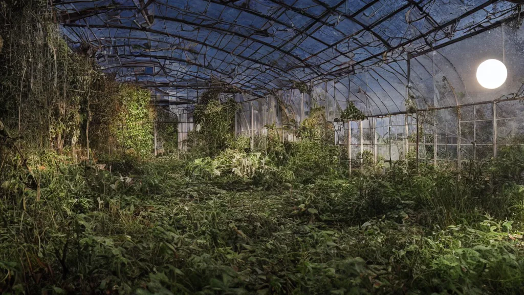 Image similar to exploring an abandoned overgrown greenhouse, at night with full moon, hyperrealistic, ambient lighting highly detailed, 4 k hd