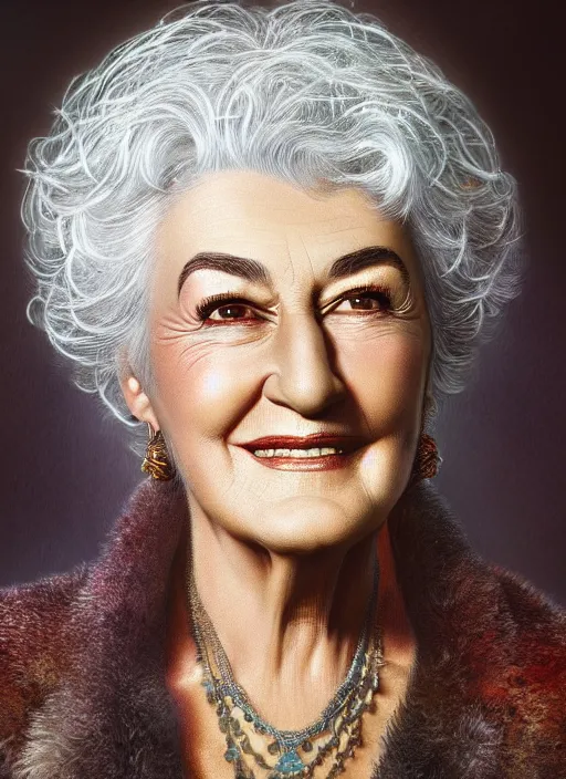 Image similar to highly detailed portrait of bea arthur, fantasy illustration by simon bisley, global illumination, radiant light, detailed and intricate environment