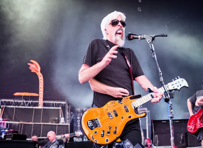 Image similar to photo still of michael mcdonald on stage at vans warped tour!!!!!!!! at age 3 8 years old 3 8 years of age!!!!!!! throwing a keytar into the crowd, 8 k, 8 5 mm f 1. 8, studio lighting, rim light, right side key light