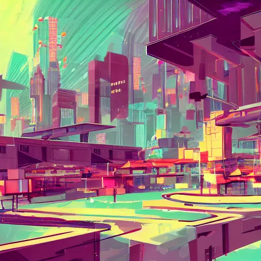 Image similar to transistor art style city concept