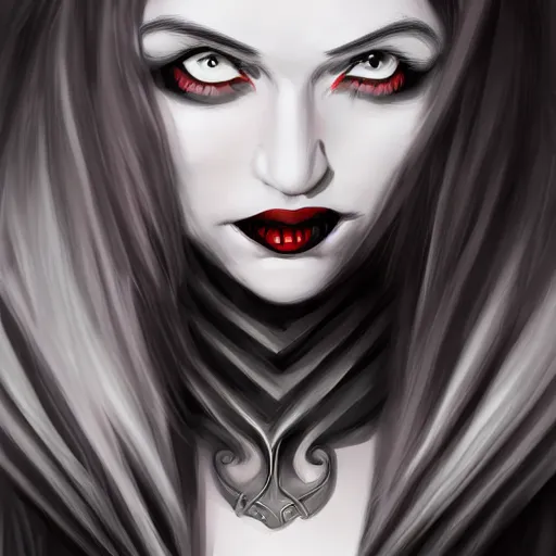 Prompt: illustration of a lady vampire, digital painting, ominous, sharp, detailed, 4k