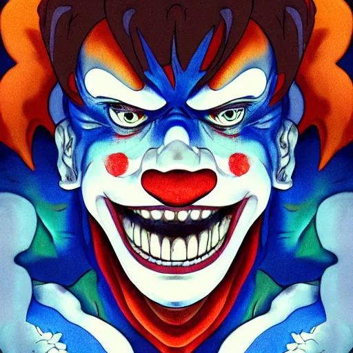 Prompt: 4K headshot of godlike clown with blue skin and defined arms and open hands and bloody clothes with giant mandala wings , intricate face , flawless anime cel animation by Kentaro Miura, psychedelic , highly detailed upper body , professionally post-processed , beautiful, scary, symmetry accurate features, epic, octane rendered, anime masterpiece, accurate