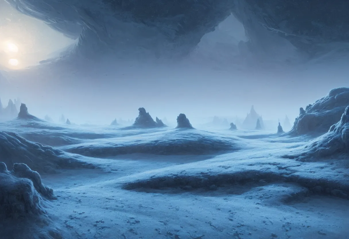 Image similar to ground level view of the surface of frozen winter alien planet at sunset, ultra high definition, ultra detailed, symmetry, fog, matte painting, by greg rutkowski and ross tran and wlop