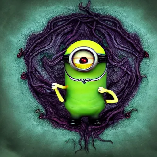 Image similar to Minion as Lovecraft's monster, a lot of tentacles, evil, angry face, dark colours, green colours, high resolution, 50 mm, extremely realistic, cave