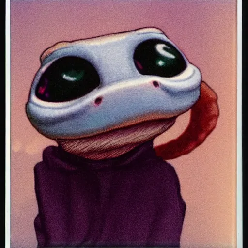 Prompt: close - up anthropomorphic axolotl anthropomorphic!!! wearing a hoodie!!!! polaroid photo, in colour