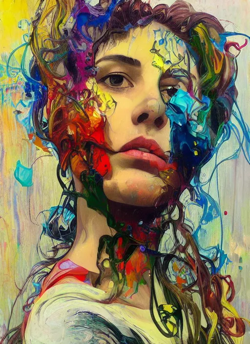 Image similar to abstract expressionism oil painting intertwined with a human head, spray paint texture, drips, impasto paint, 3 d graffiti texture, brushstrokes, abstract, highly detailed, hyperealistic fresh paint, harmonious, chaotic, colorfull, in the style of alphonse mucha