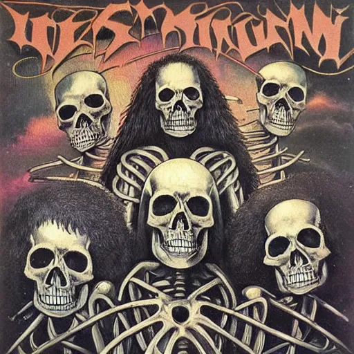 Image similar to 1 9 8 0's heavy metal album art, a funk band that's all skeletons