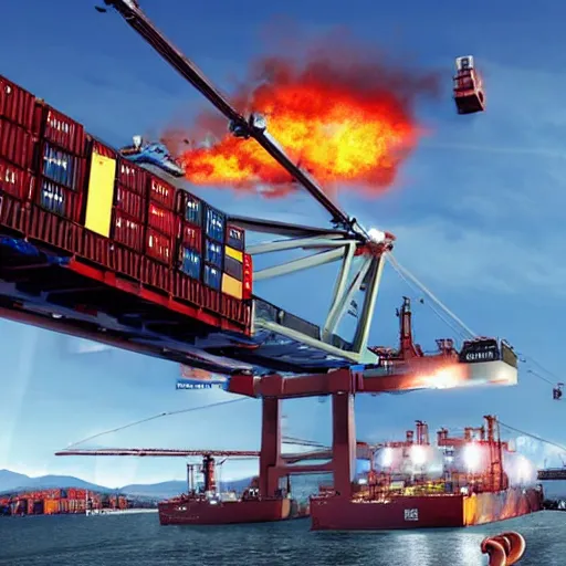 Prompt: Port of Vancouver, gantry lifting a container on fire, hyper realistic, futuristic