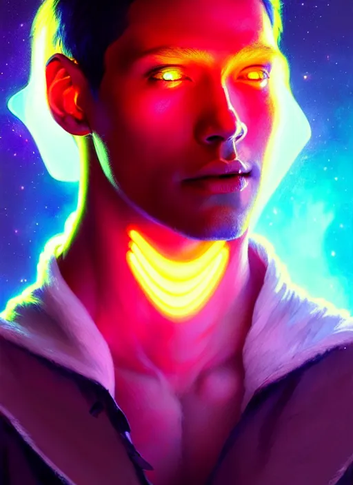 Image similar to a male faceless glowing liquefied stardust adventurer, dnd fantasy character, full body portrait, glowing neon skin, magical aura, ultra realistic, intricate, elegant, highly detailed, digital painting, artstation, smooth, sharp, focus, illustration, art by artgerm and greg rutkowski and alphonse mucha