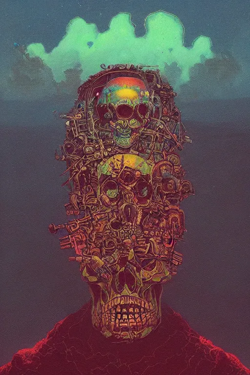 Prompt: 4K Indigenous cyberskull portrait inspired in beksinski and dan mumford work, remixed with Simon Stalenhag work, sitting on the cosmic cloudscape