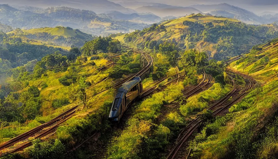 Image similar to panorama train line through valley, green hills, matte painting, artstation, sunrise, blue sky