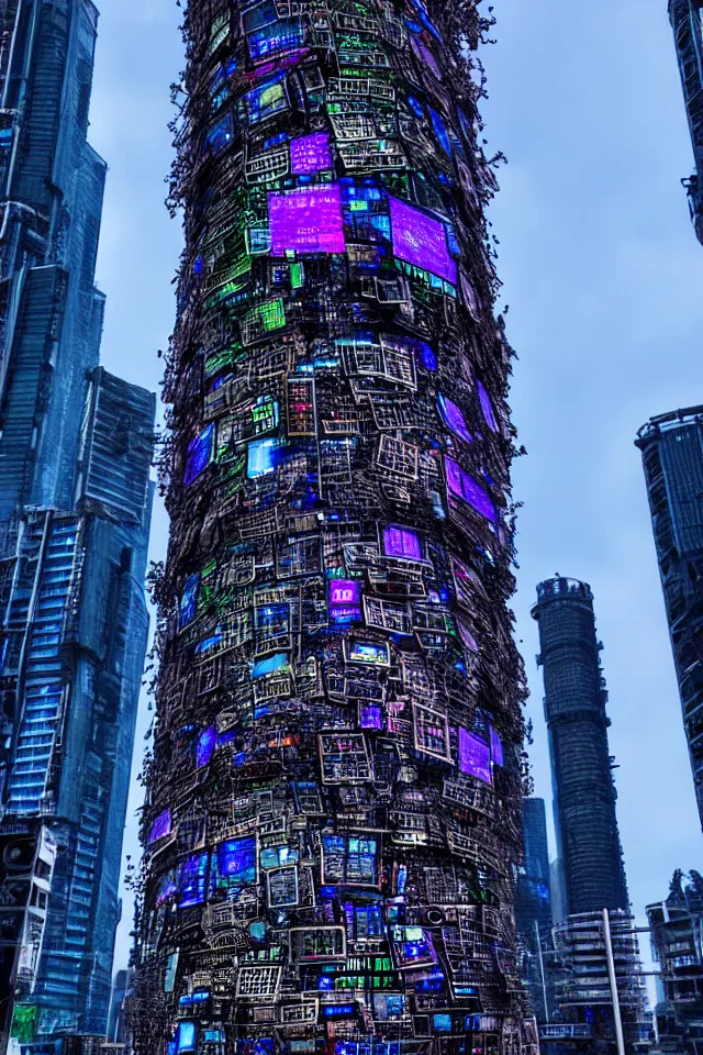 Image similar to cyberpunk tower made out of billions of stacked computer screens